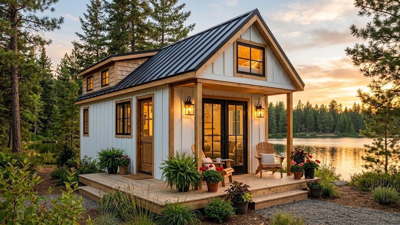 Luxury tiny house for sale with white siding, black roof and lakeside deck