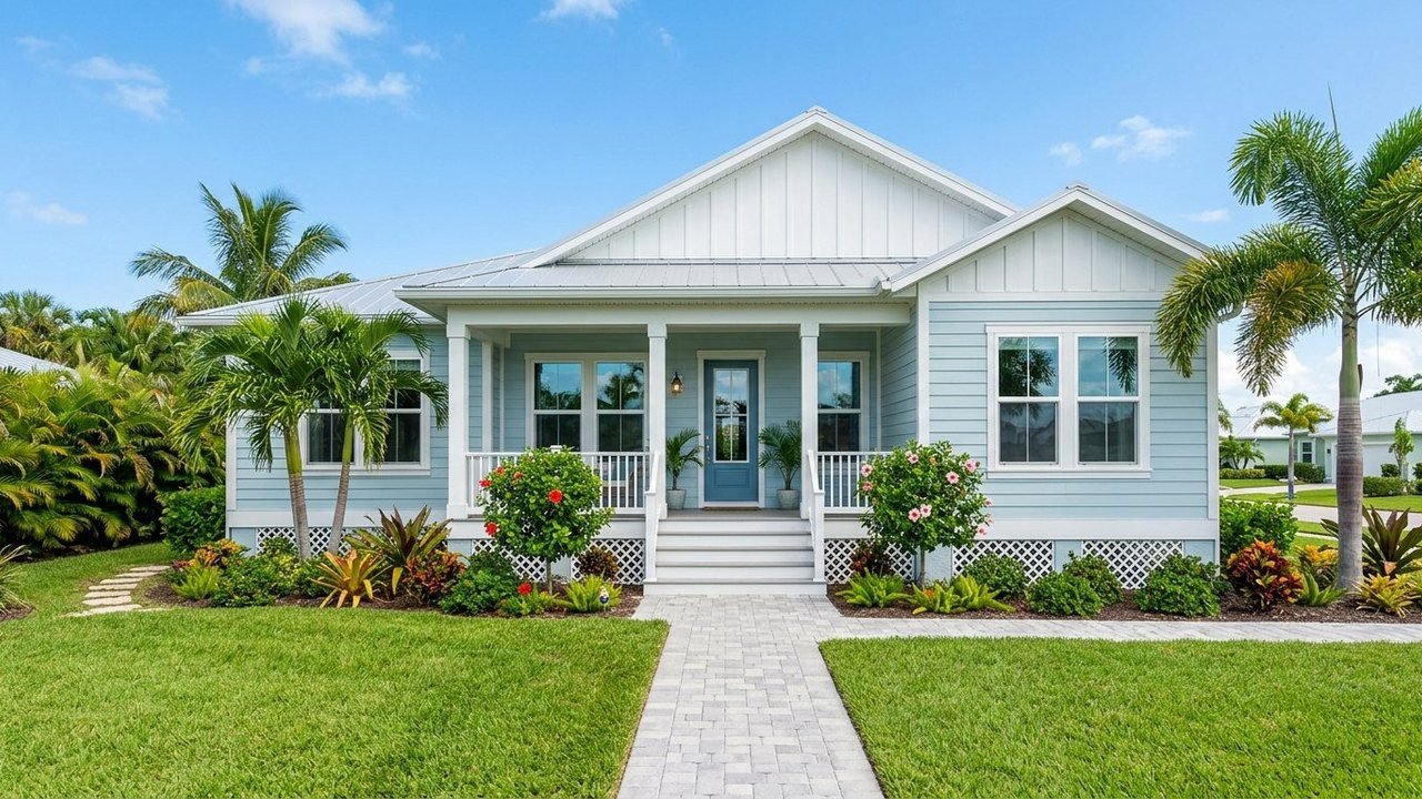 M269 Paradise 3-bedroom modular home with blue siding, porch and palm trees