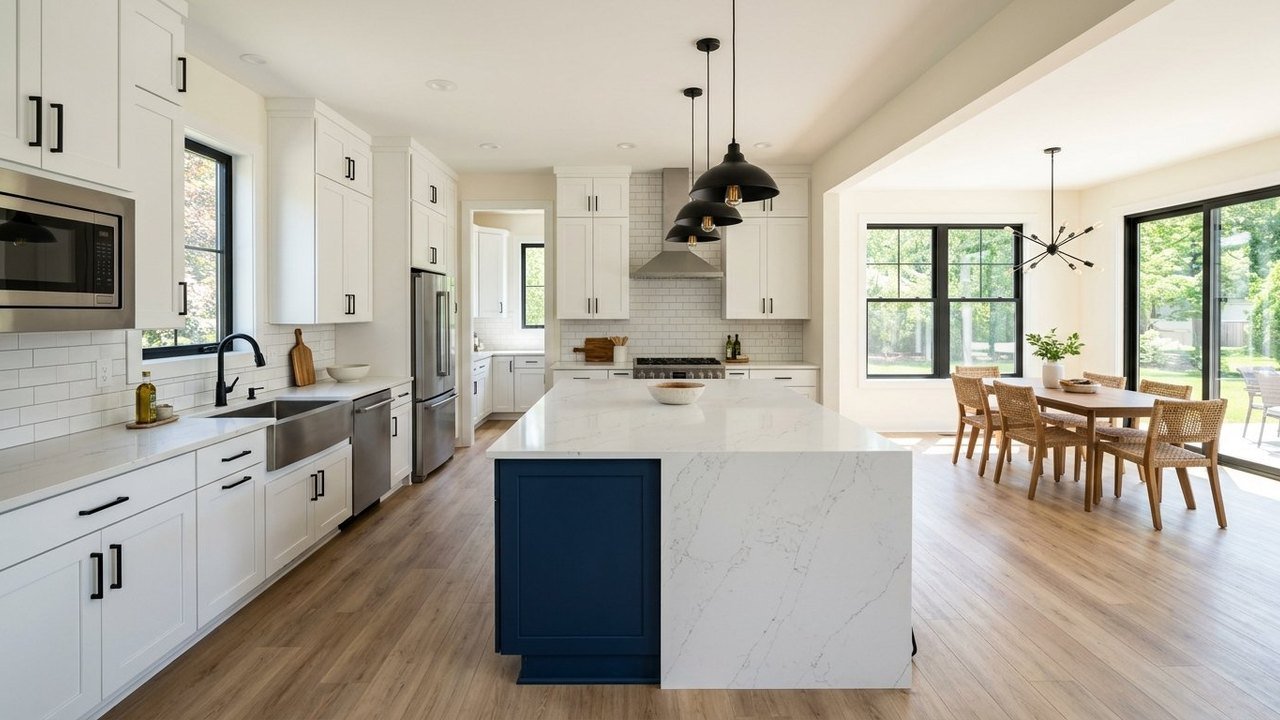 M269 Paradise modular home kitchen with large island and navy cabinets