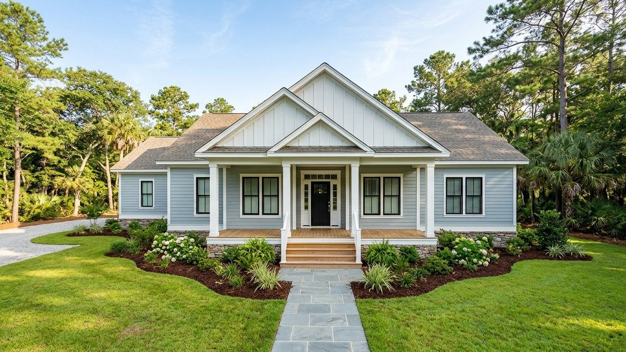 M269 Paradise modular home with blue-gray siding, stone skirting and front porch