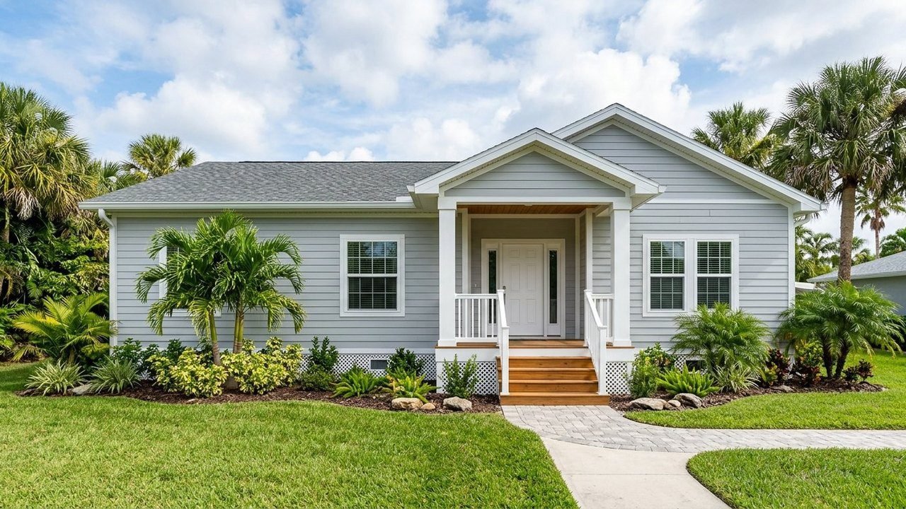 M269 Paradise modular home with gray siding and covered porch on sunny lawn