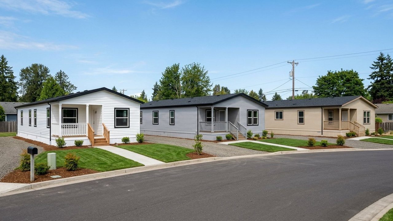 Manufactured, mobile, double wide and modular homes side by side on a sales lot