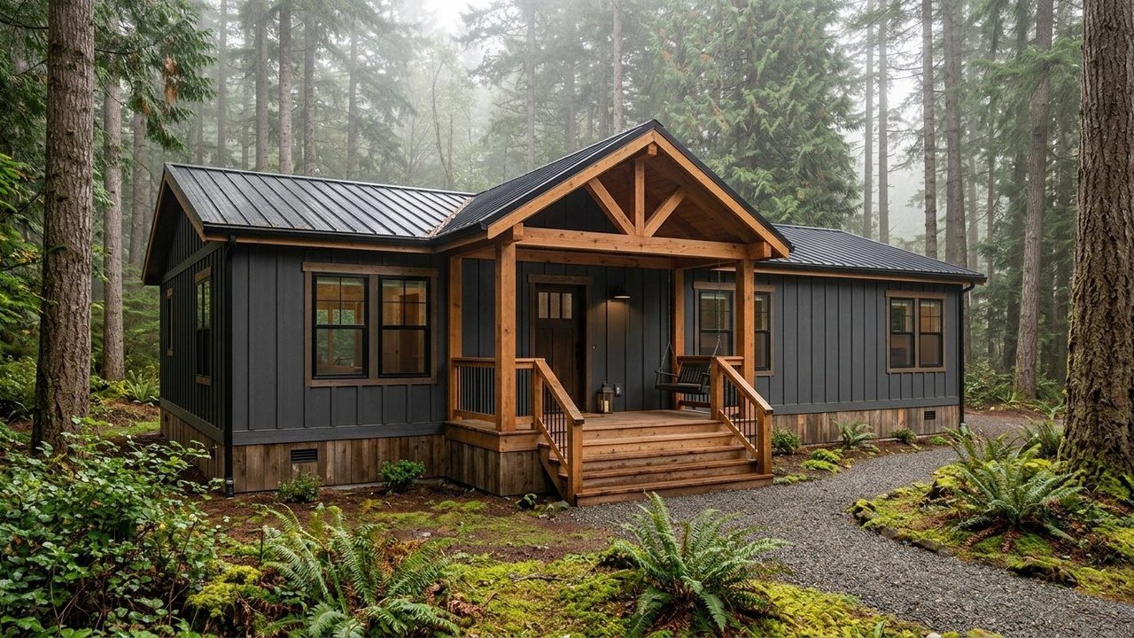 Midnight Timber Estate rustic modern manufactured home with charcoal siding and timber porch