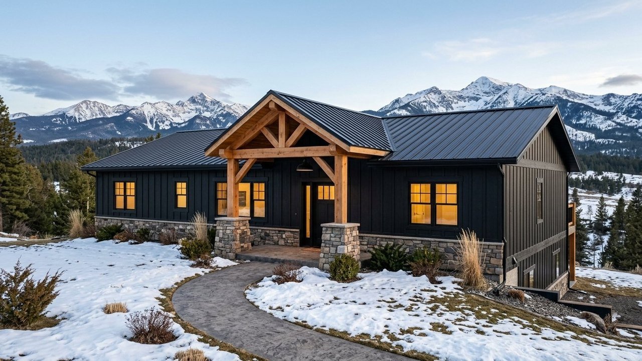 Midnight Timberstone Retreat modern 3-bed home with black siding and timber stone porch