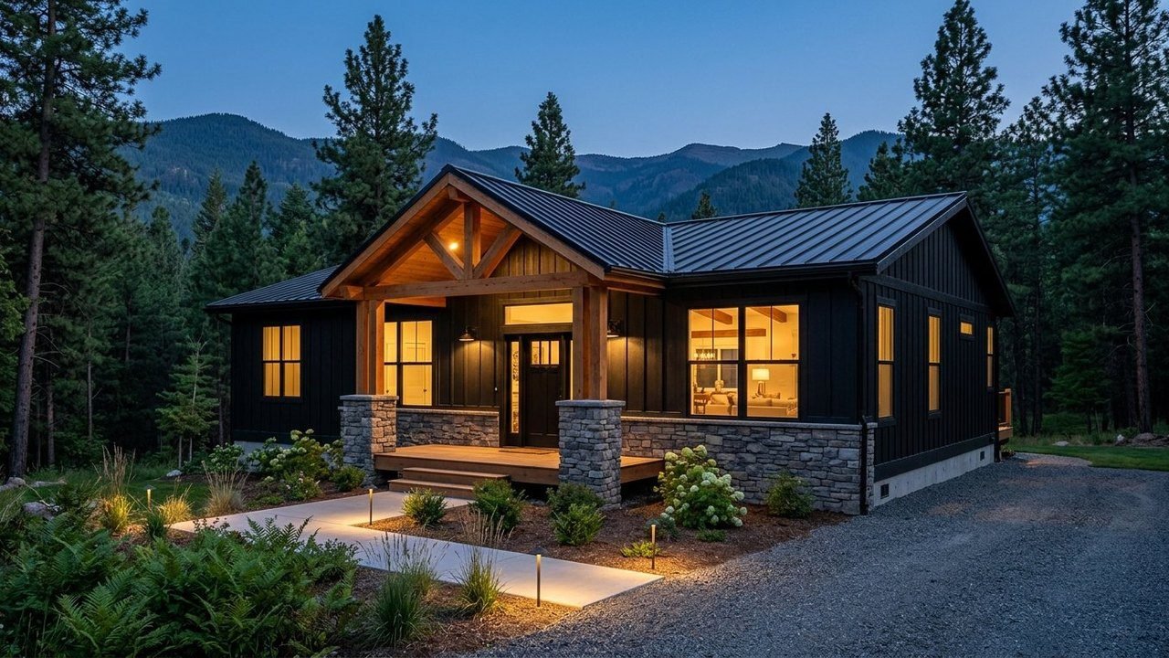 Midnight Timberstone Retreat black manufactured home with timber porch and stone at dusk