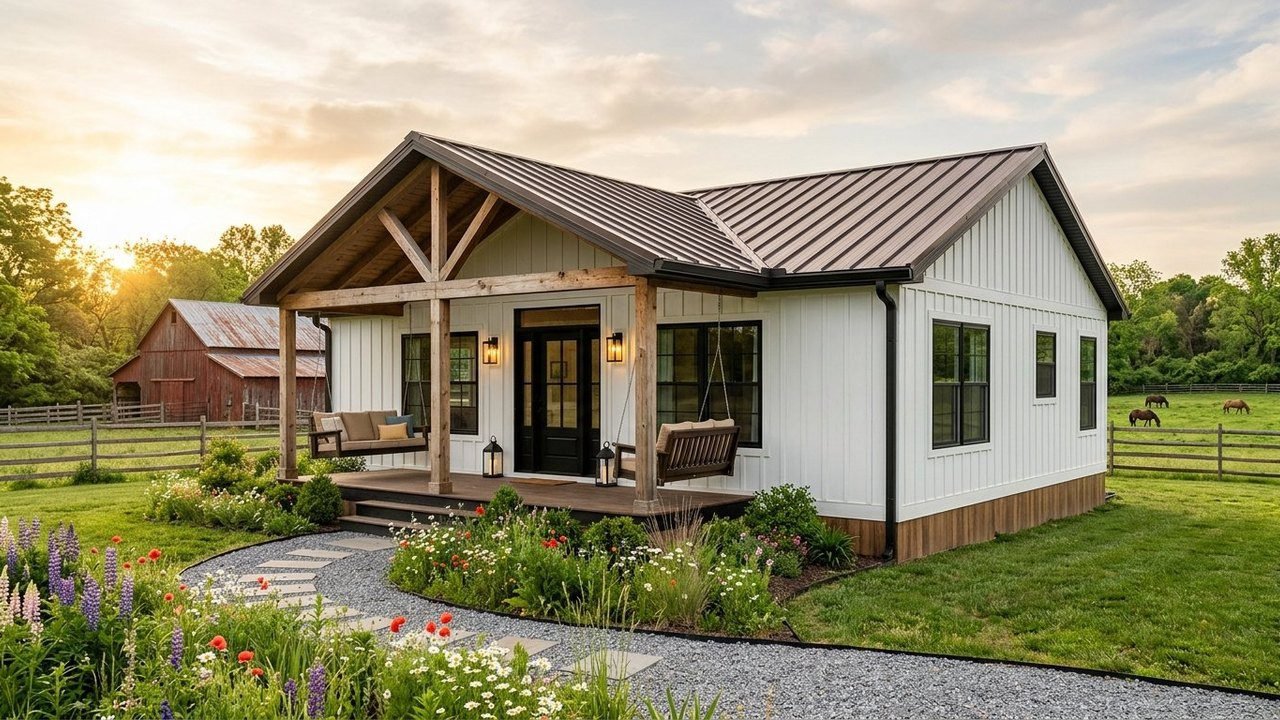 Modern farmhouse 3-bedroom manufactured home with white siding and wood front porch