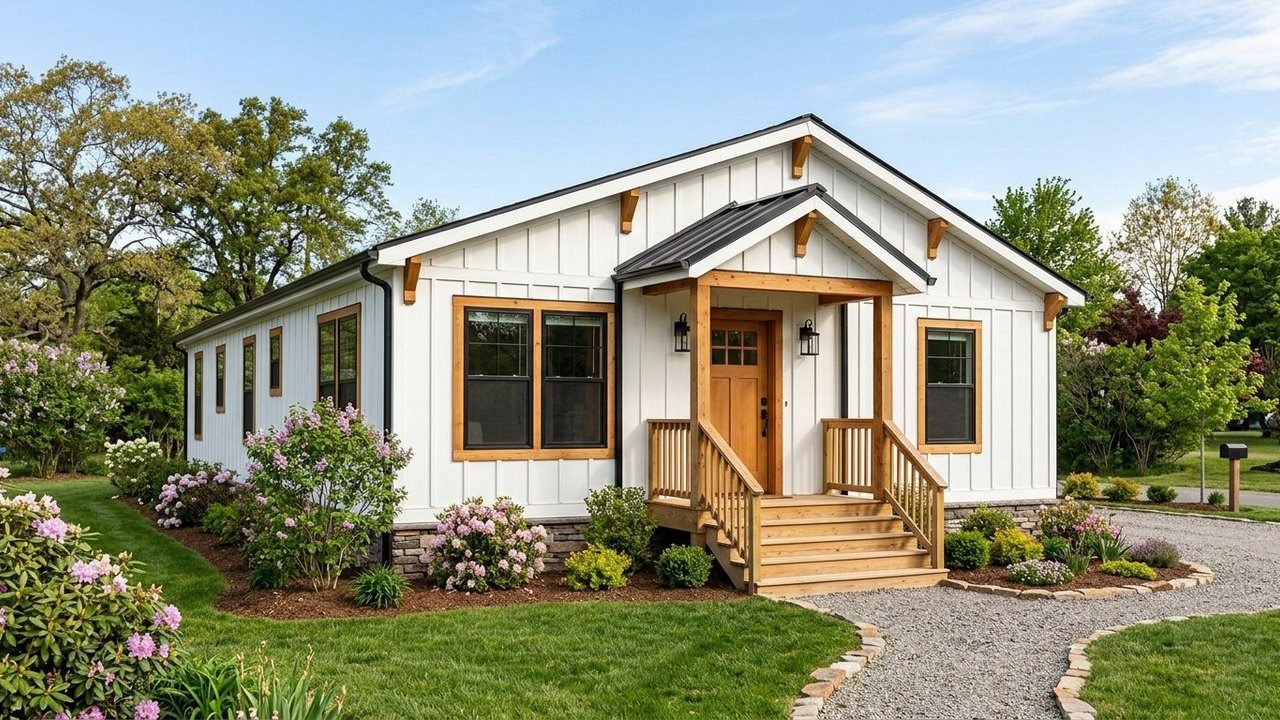 White modern farmhouse manufactured home with cedar trim and black windows