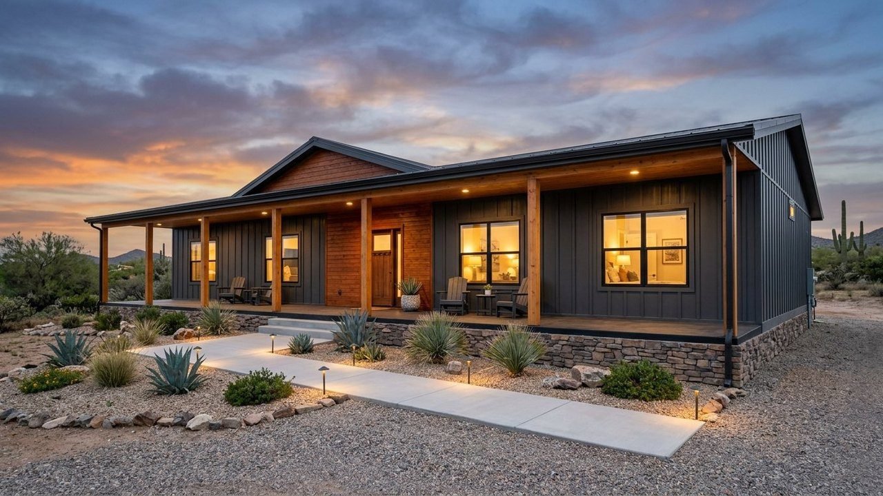 Modern ranch manufactured home with dark siding, wood accents and grand front porch at dusk