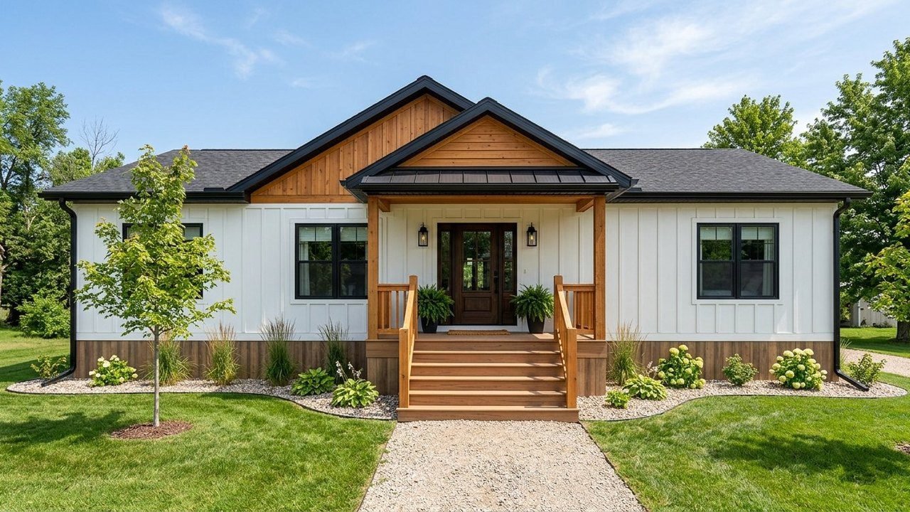 Cedar Ridge Haven modern 4-bedroom manufactured home with white siding and cedar trim