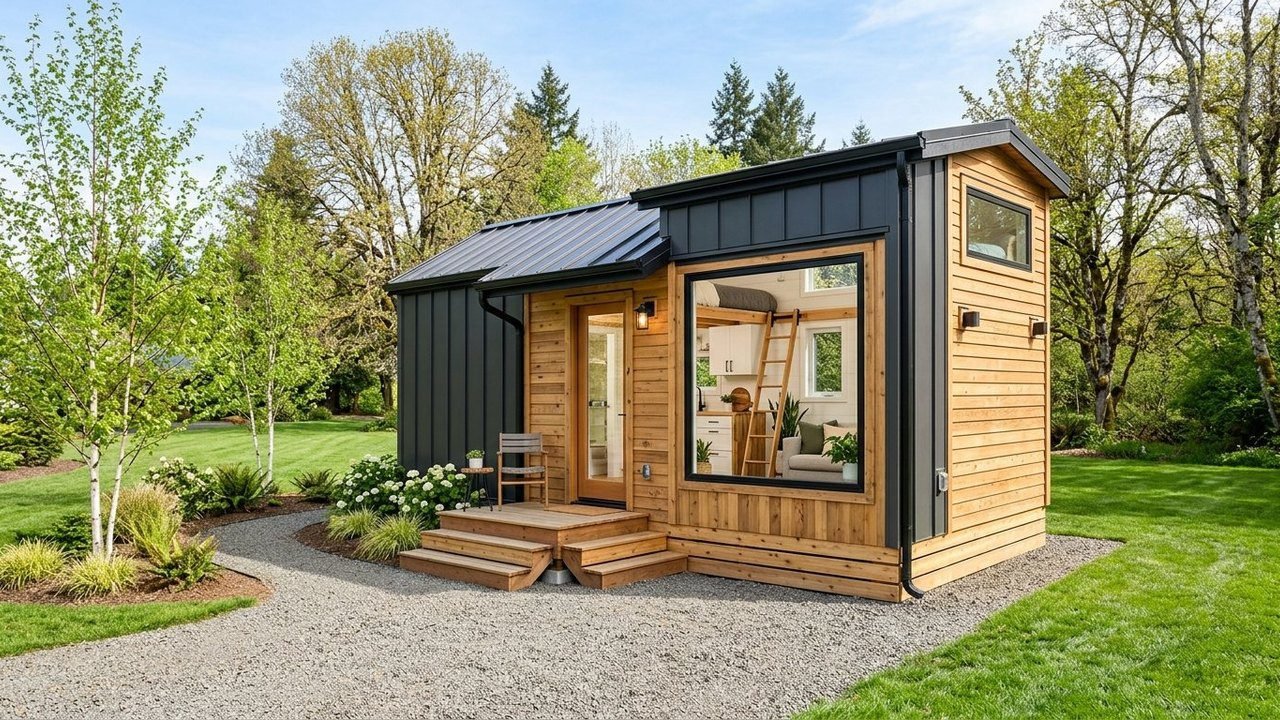 Move-in ready tiny home for sale with cedar siding, loft windows and wooden deck