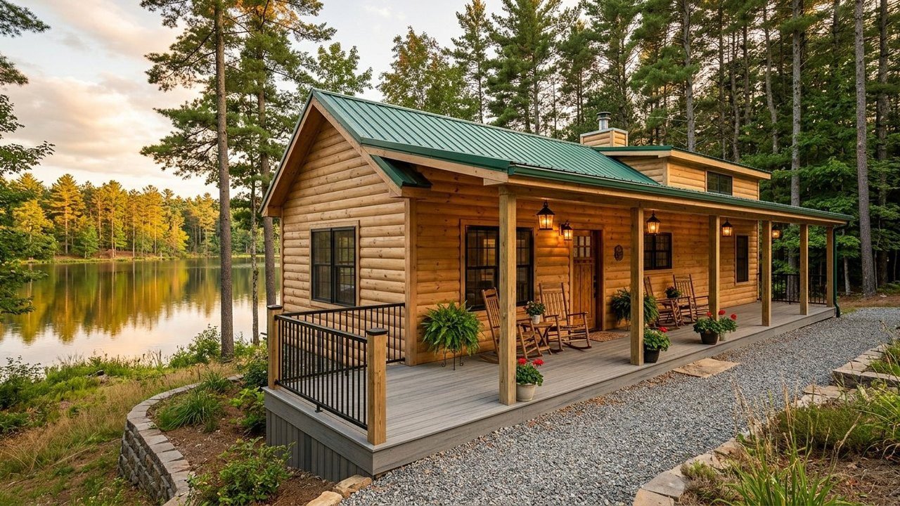 Musketeer model cozy cabin with long covered porch and composite decking by lake