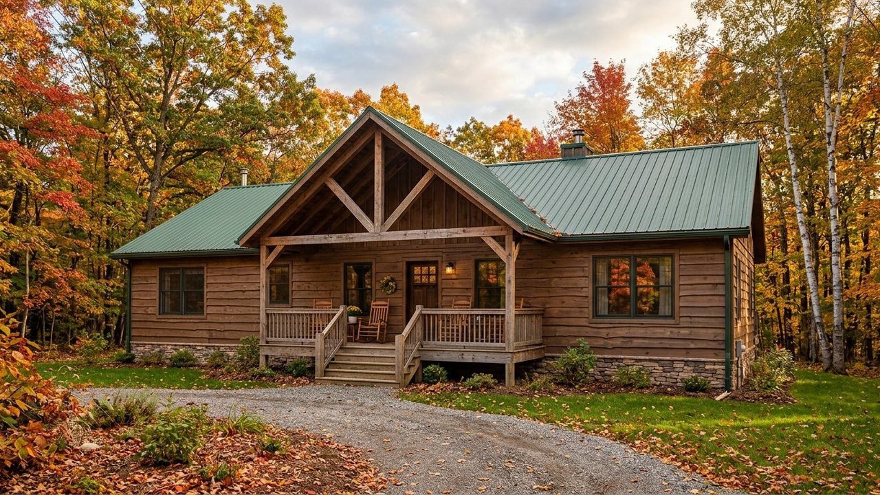The Pioneer Cabin ranch-style manufactured home with timber A-frame porch