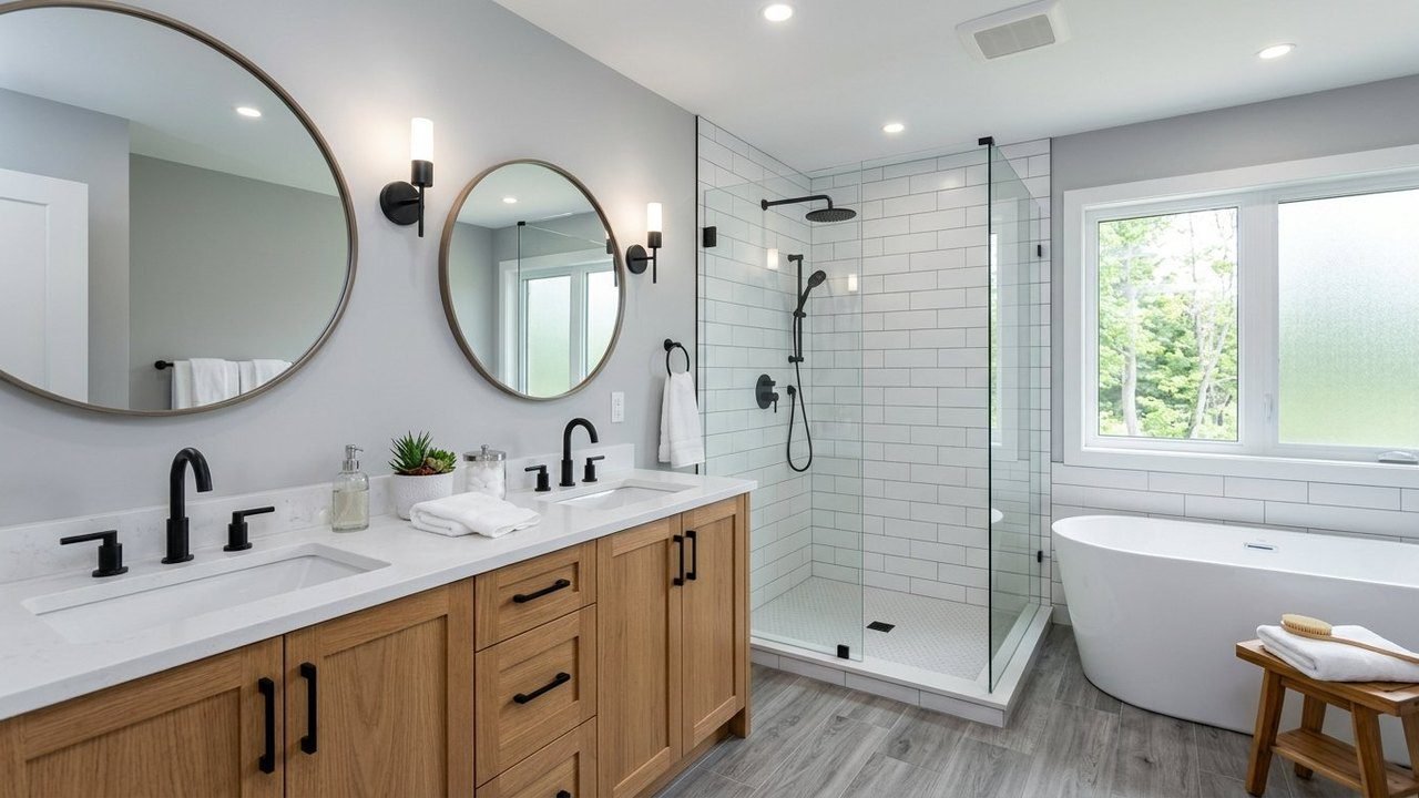 Porto modular home primary ensuite bathroom with double vanity and walk-in shower