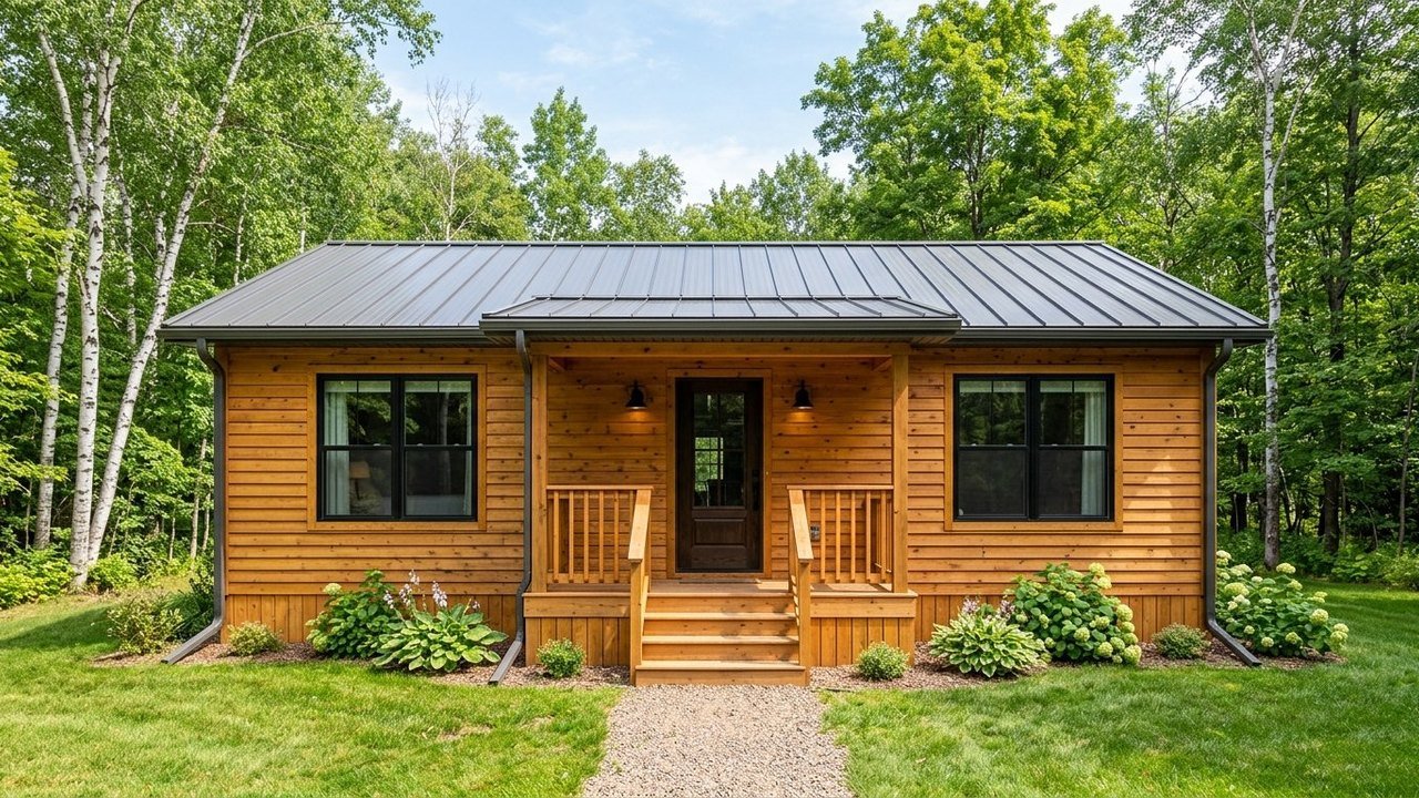 Real wood siding 3-bedroom manufactured home with natural cedar exterior and front porch