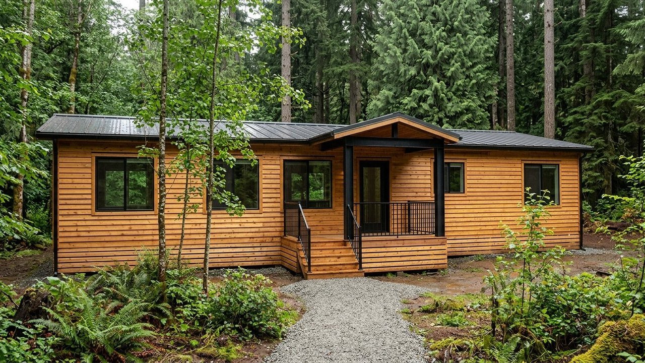Real wood siding modern home for sale with natural cedar planks and black windows