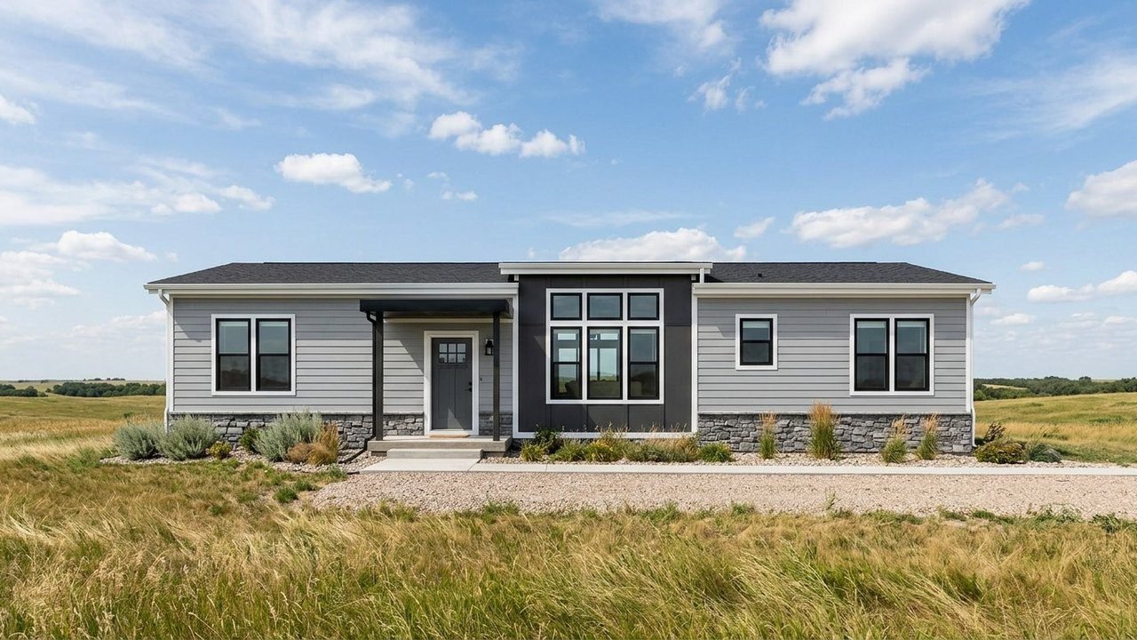 Silverwood Prairie Haven modern manufactured home with silver-gray siding on open prairie