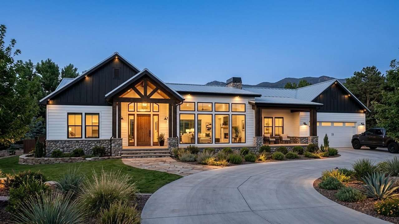 Sky Harbor 4.0 luxury manufactured home with timber truss gable at dusk