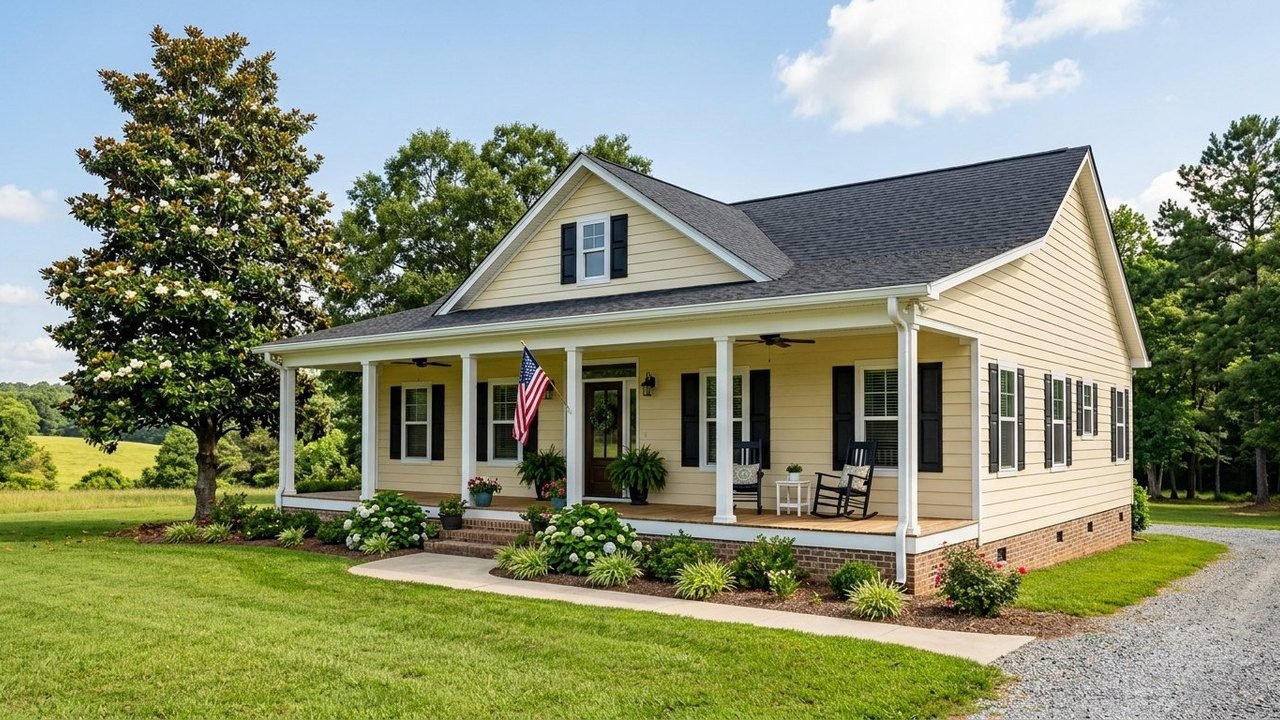 Southern Charm modular home with covered front porch, white columns and green lawn