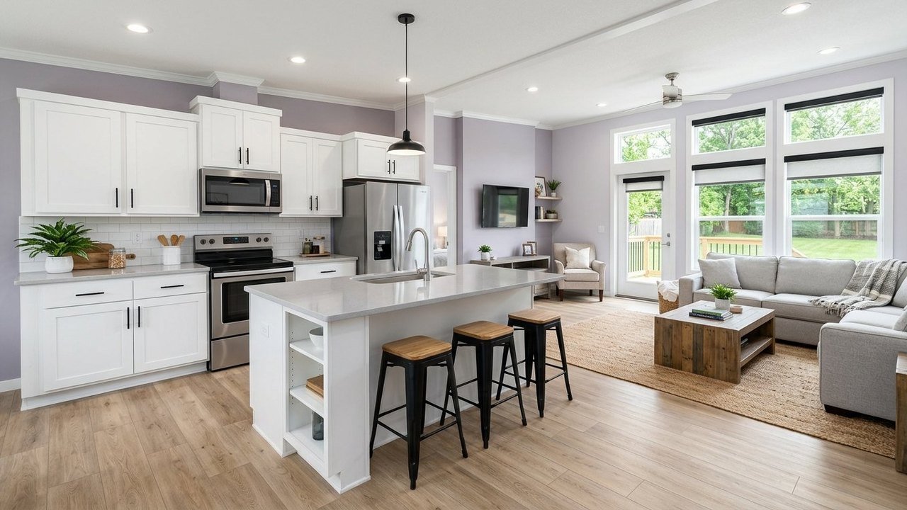 The Amethyst home open kitchen with island and bright living area