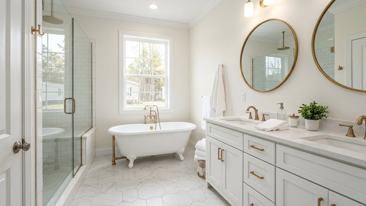Clawfoot tub primary bathroom inside The Bienville premium manufactured home
