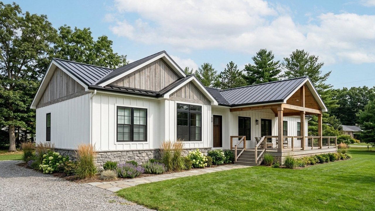 The Driftwood FarmLuxe manufactured home with white siding, metal roof and porch