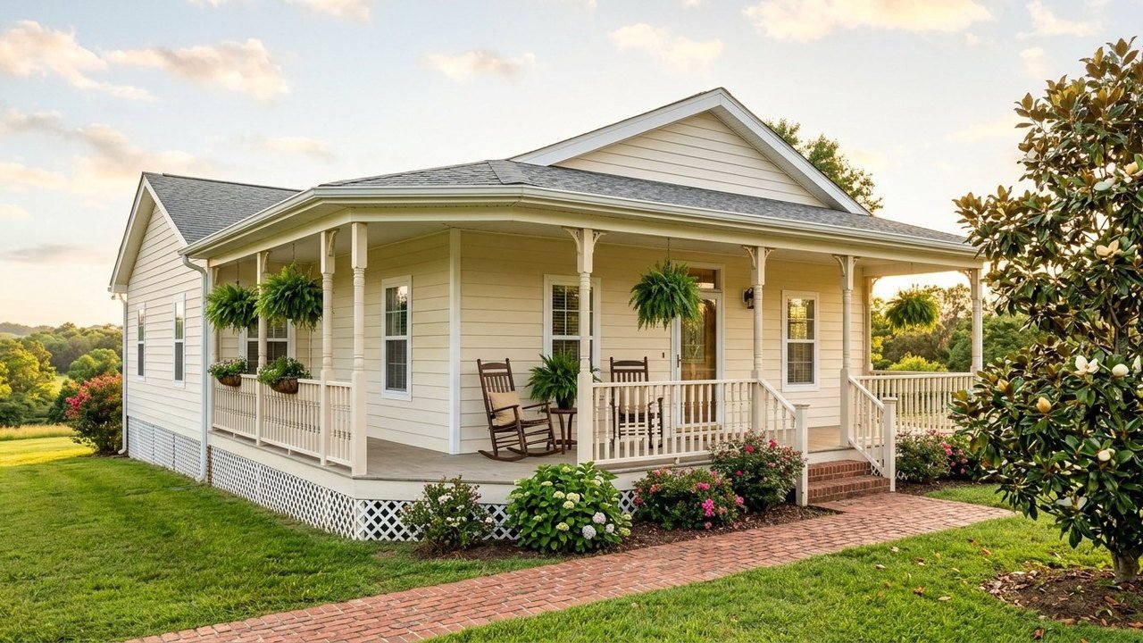 The Goshenite 3-bedroom manufactured home with white wraparound porch