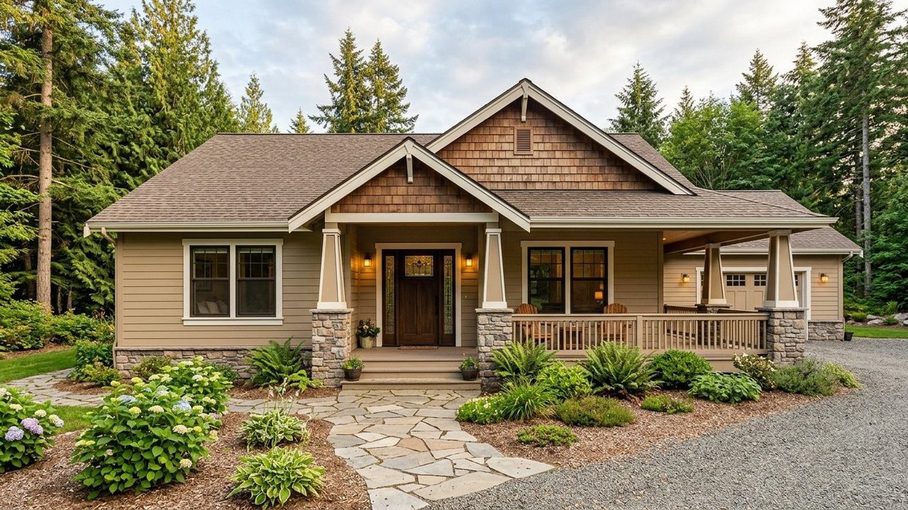 The Goshenite modern Craftsman home with stone-based columns and wrap-around porch