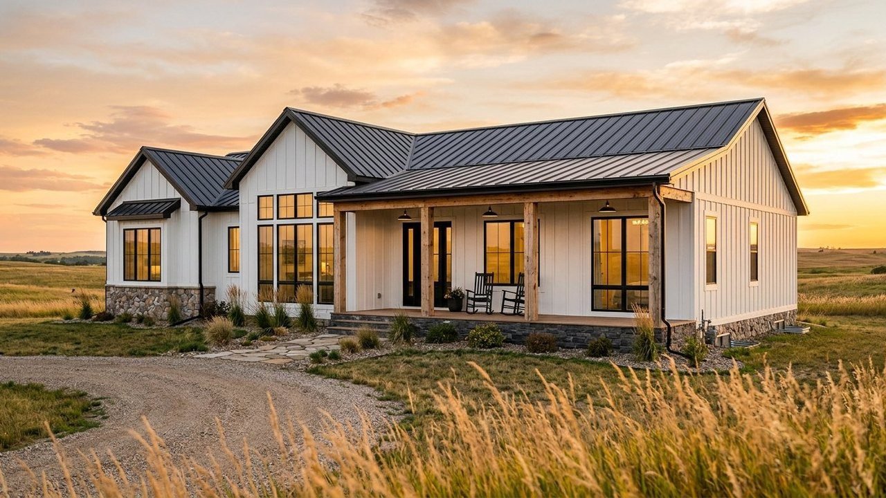 The Grand Prairie 4-bedroom modern farmhouse with white siding and large windows