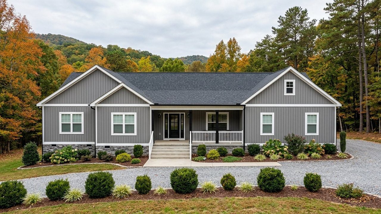 The Granite 5 bedroom manufactured home for sale with gray siding and stone skirting