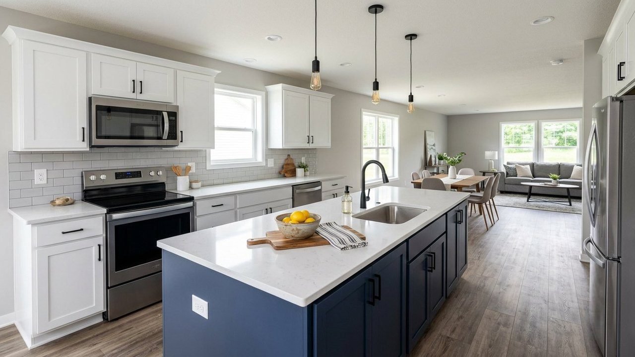 The Helicon 3.0 manufactured home open kitchen with large island and pendant lights