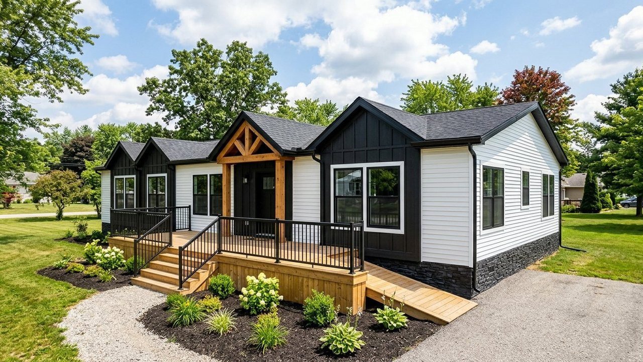 The Helicon 3.0 4 bed double wide manufactured home with white and black siding