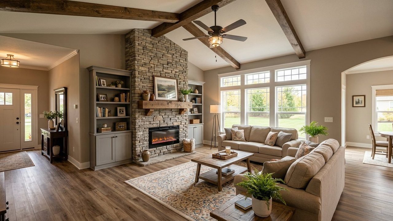 The Kunzite bungalow manufactured home living room with vaulted ceiling and fireplace