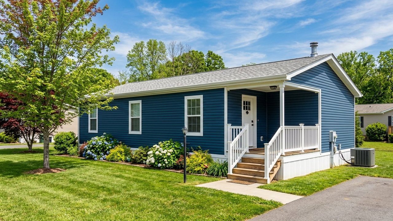 The Lapis 2 bedroom manufactured home with blue siding and front porch