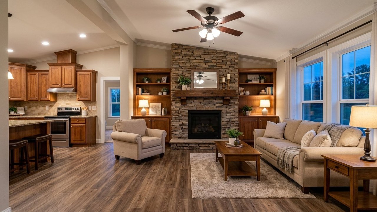 The Lynn 4 bedroom double wide manufactured home living room with fireplace and wood cabinets