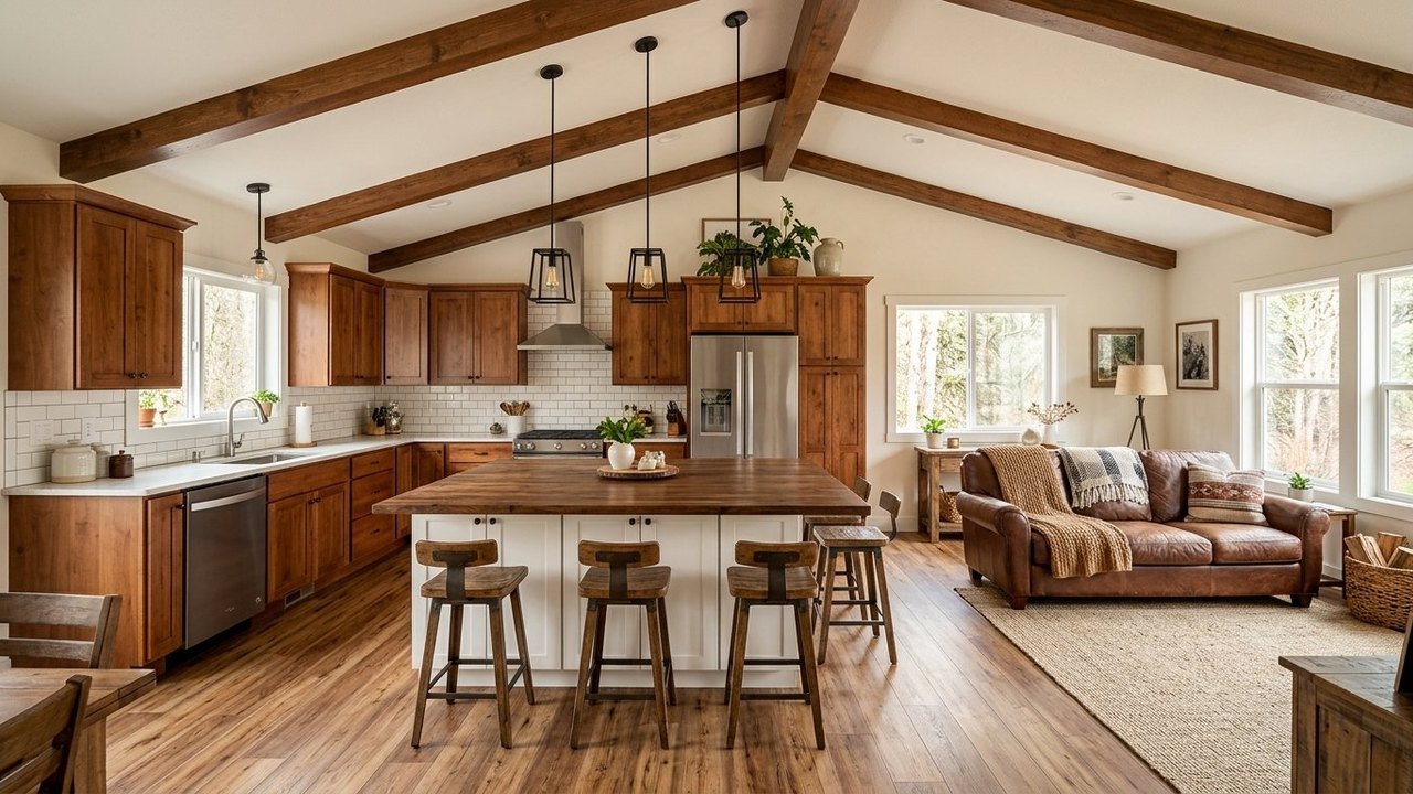 The Rustic Maple Haven 4 bedroom manufactured home island kitchen with vaulted wood beams