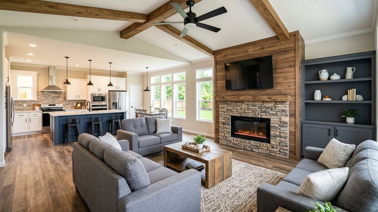 The Stagecoach spacious manufactured home living room with fireplace and open kitchen