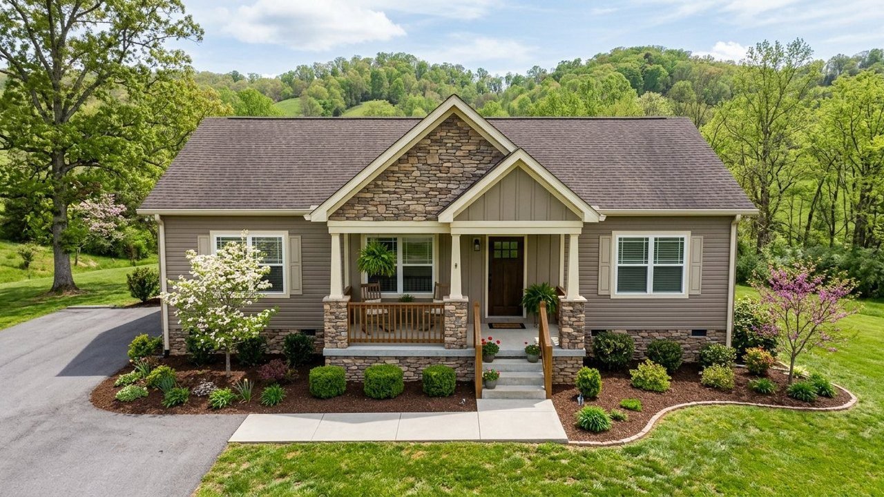 The Stoney Pointe 4-bedroom manufactured home with fieldstone gable accent
