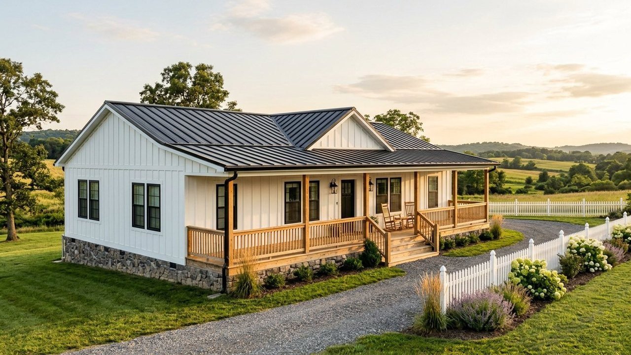 The White Heaven white farmhouse-style manufactured home with cedar front porch