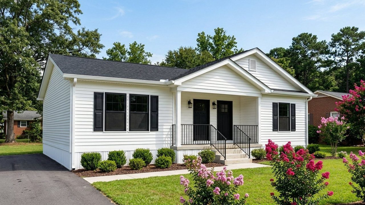 The Whitehaven modern manufactured home with bright white siding and black shutters