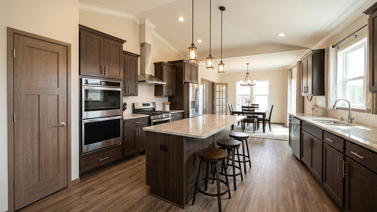 The Wilson Bend manufactured home kitchen with double ovens, gas range and island