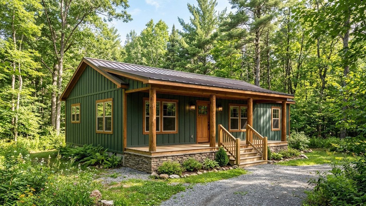 The Woodside 4-bedroom manufactured home with green siding and cedar porch in the woods