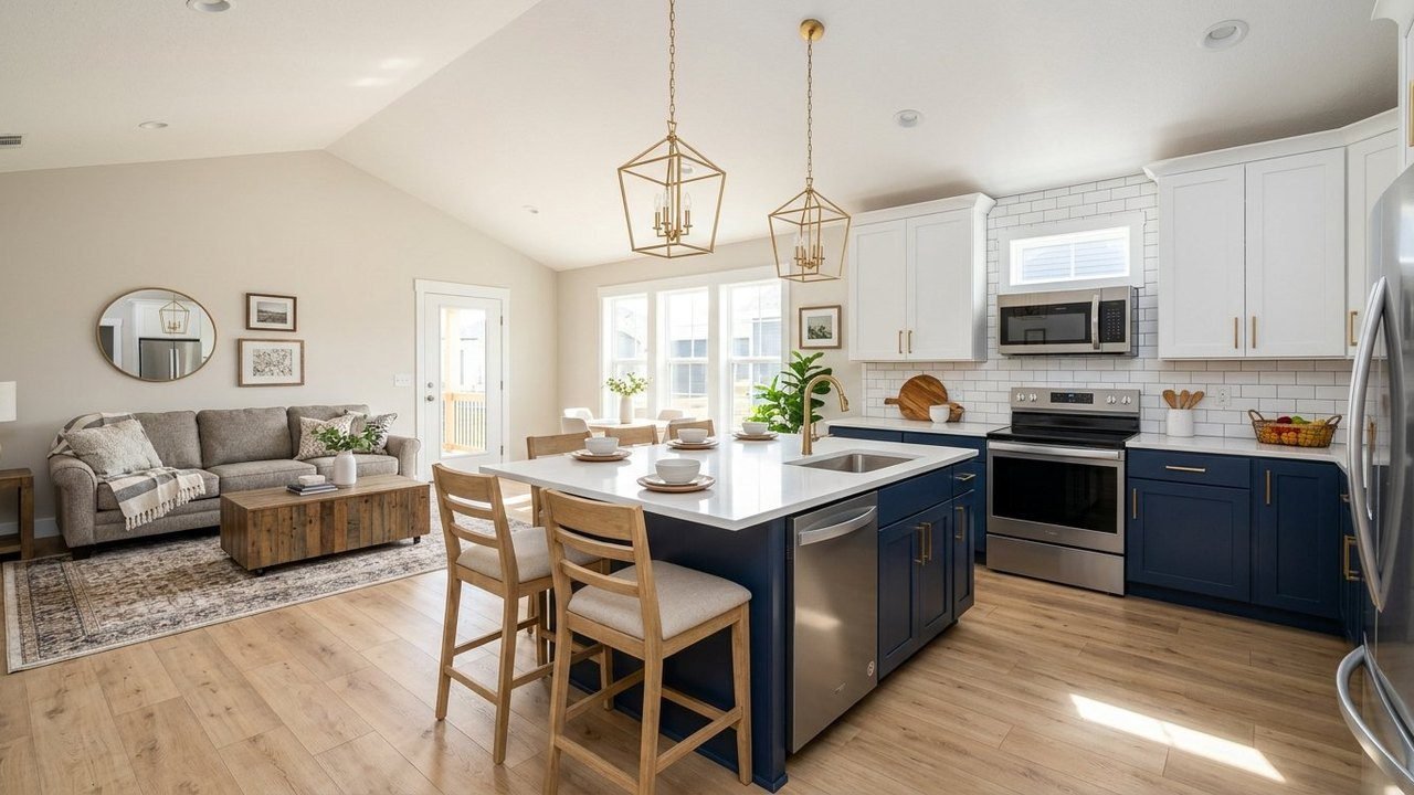 Modern kitchen with island inside the Upshaw 3-bed manufactured home