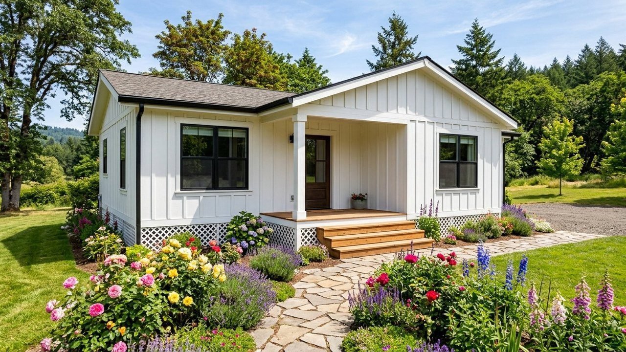 Whitehaven Garden Retreat white manufactured home with covered porch and flower garden