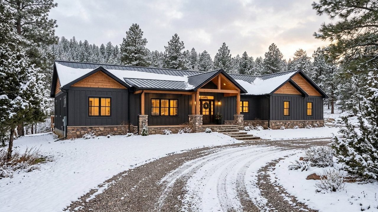 Woodside triple-wide modular home with charcoal siding and cedar accents in snow