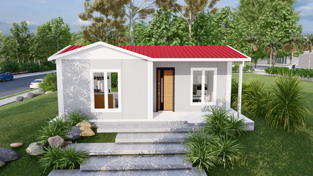 Small modern prefabricated house with red roof